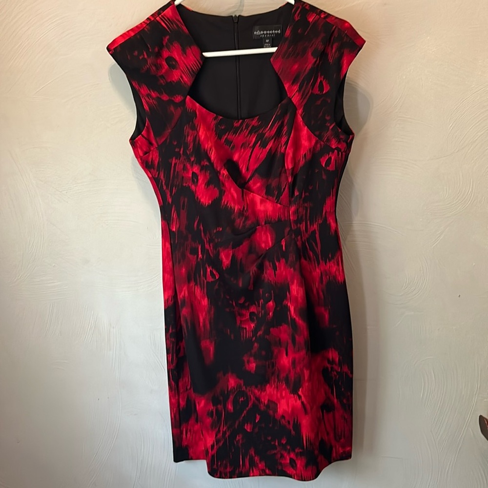 Connected Apparel Red and Black Print Professional or Cocktail Dress